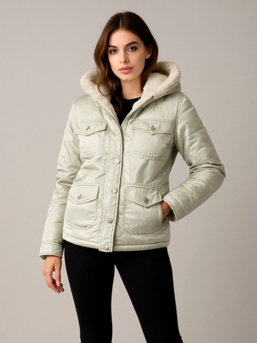 Gap Down Parka Silver Mint Satin Fur Hood Utility Puffer Jacket Coat L